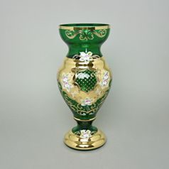 Váza 35 cm skleněná ZELENÁ, zlato + smalt, novoborské sklo