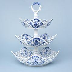 Etažér 3-dílný - mísy pětihranné prolamované / porcelánová tyčka 19 plus 24 plus 28 cm, Cibulák, originální z Dubí