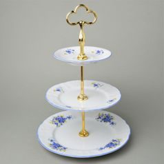 Etažer 3 díl. 34 cm, kovová tyčka zlatá, Thun 1794, karlovarský porcelán, BERNADOTTE pomněnka