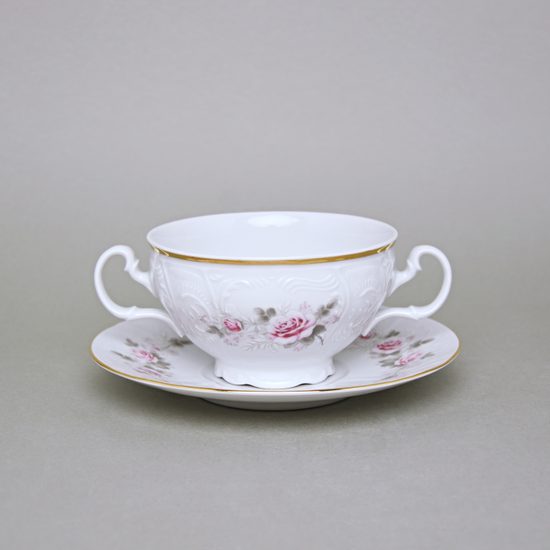 Zlatá linka: Šálek a podšálek polévkový 275 ml / 18 cm, Thun 1794, karlovarský porcelán, BERNADOTTE růžičky