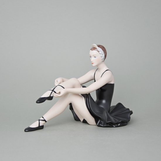 Baletka v šatně - Černé šaty, 22 x 12 x 17 cm, Natur + černý fond + zlato, Porcelánové figurky Duchcov