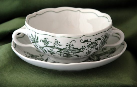 Šálek a podšálek bujón (na polévku) s oušky 0,25 l / 17,5 cm, zelený cibulák, Český porcelán a.s.