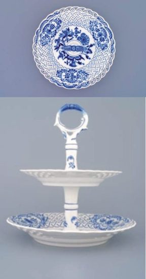 Etažér 2-dílný - talíře prolamované / porcelánová tyčka 18 plus 24 cm, Cibulák, originální z Dubí