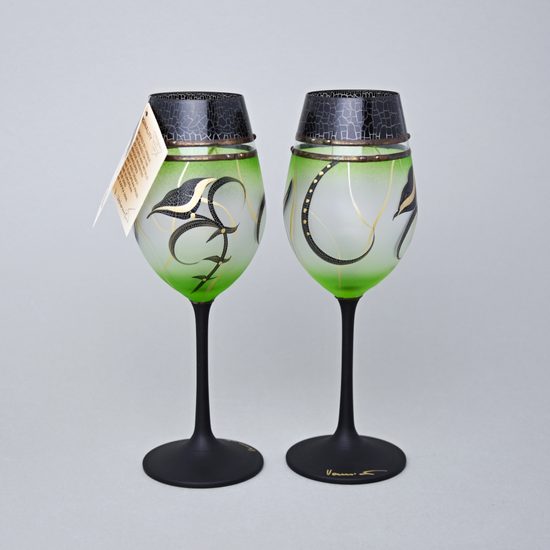 Studio Miracle: Sklenice na víno zelené 2ks, 250 ml, ruční dekorace Vlasta Voborníková