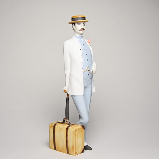 Pán s kufrem 7,5 x 9 x 25 cm, Pastel, Porcelánové figurky Duchcov