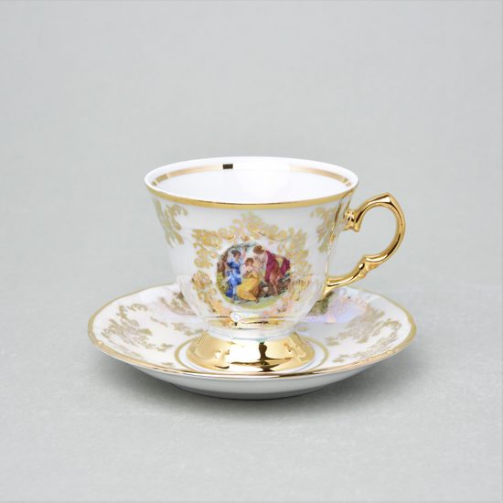 Šálek vysoký 180 ml a podšálek 15,5 cm kávový, Tři Grácie, zlatý listr, Marie Tereza Carlsbad