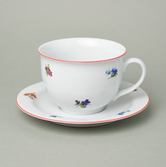 Olga: Šálek 400 ml snídaňový a podšálek 19 cm, házenka s červenou linkou, Český porcelán a.s.