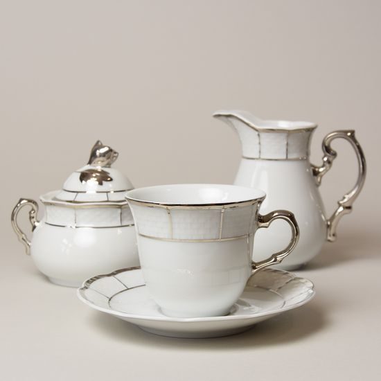 Sada šálků, cukřenky a mlékovky, Thun 1794, karlovarský porcelán, MENUET platina