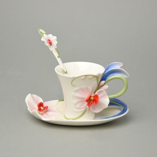 Šálek a podšálek + lžička 16.2 x 9.2 x 8.9 cm, Orchidej, Porcelán FRANZ