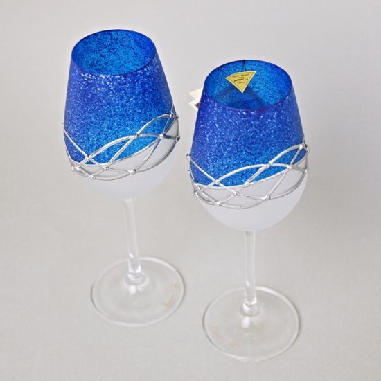 Studio Miracle: Sklenice na víno 2 ks, Modrá + cín, 250 ml, ruční dekorace Vlasta Voborníková
