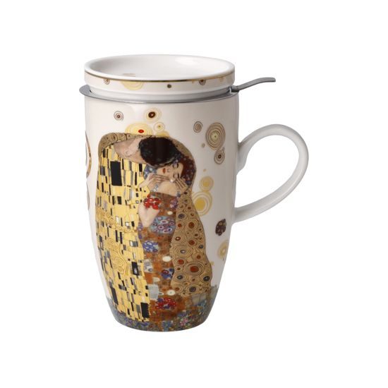 Hrnek 0,4 l s víčkem a sítkem Polibek, 11,5 / 8 / 14 cm, jemný kostní porcelán, G. Klimt, Goebel