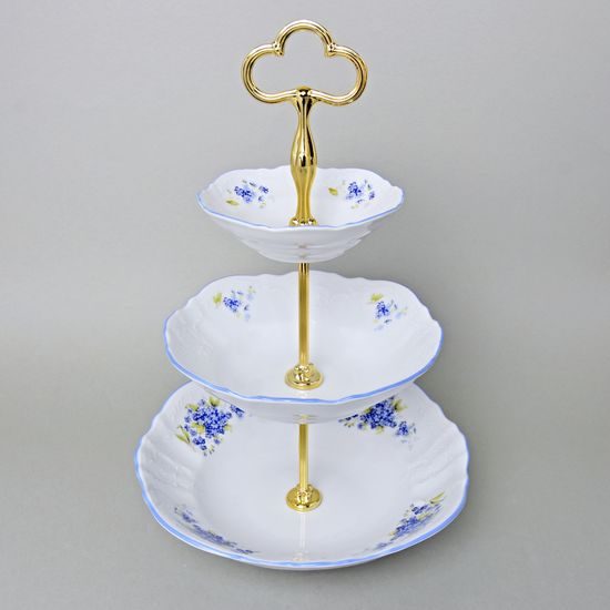 Etažer 3 díl. z misek, kovová tyčka, Thun 1794, karlovarský porcelán, BERNADOTTE pomněnka