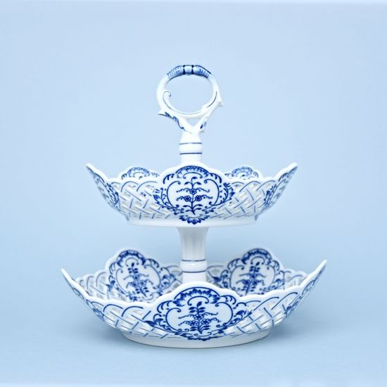 Etažer dvoudílný - mísy pětihranné prolamované / porcelánová tyčka, Cibulák, originální z Dubí