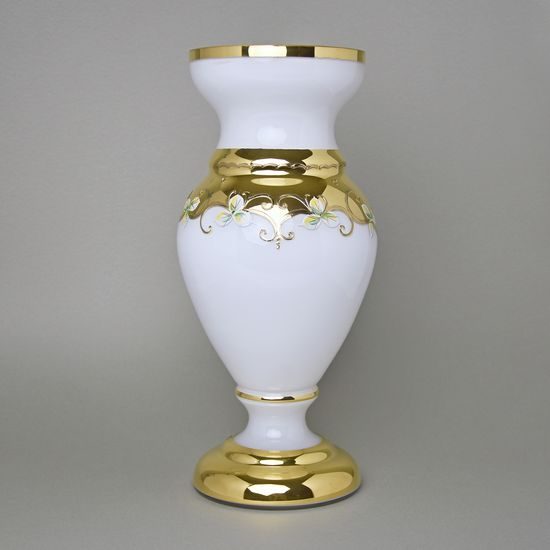 Váza 35 cm skleněná BÍLÁ, zlato + smalt, novoborské sklo