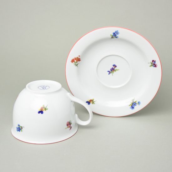 Olga: Šálek 400 ml snídaňový a podšálek 19 cm, házenka s červenou linkou, Český porcelán a.s.