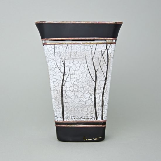 Studio Miracle: Váza černobílá plochá - Stromy, 22 cm, ruční dekorace Vlasta Voborníková