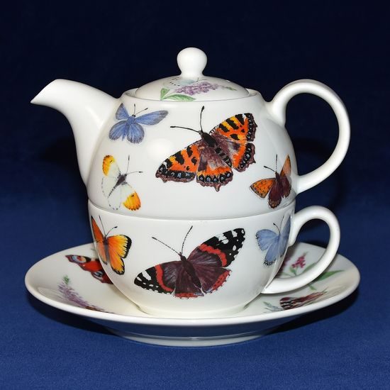 Zahrada motýlů: Čajová sada 3díl. Tea for one set, anglický kostní porcelán Roy Kirkham