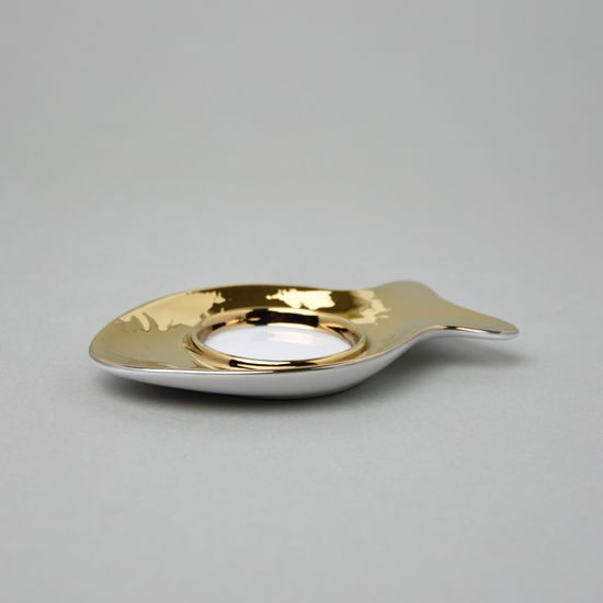Svícen kapr zlatem pokovený 12 x 7,8 cm plochý, Thun 1794, karlovarský porcelán