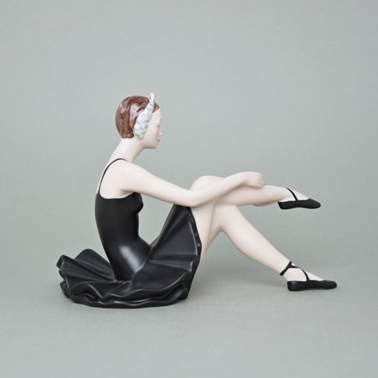 Baletka v šatně - Černé šaty, 22 x 12 x 17 cm, Natur + černý fond + zlato, Porcelánové figurky Duchcov