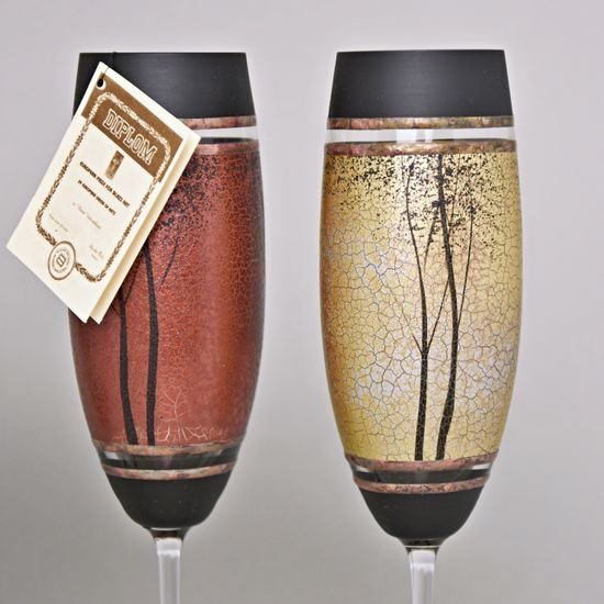Studio Miracle: Sklenice na šampaňské 4ks, Mix Stromy, 200 ml, ruční dekorace Vlasta Voborníková