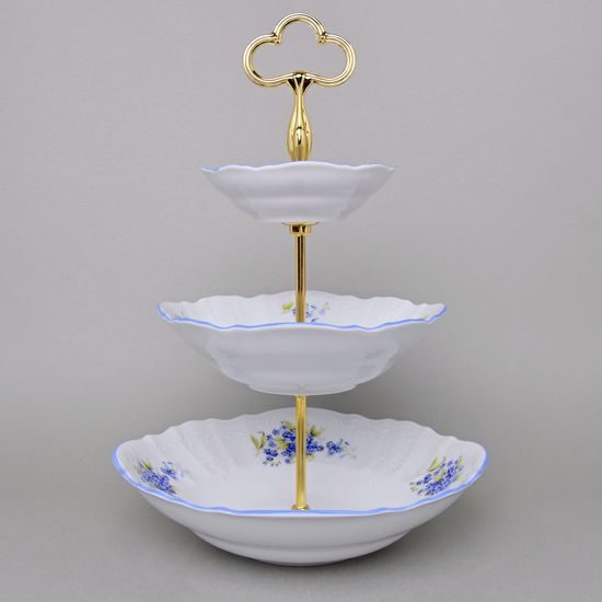 Etažer 3 díl. z misek, kovová tyčka, Thun 1794, karlovarský porcelán, BERNADOTTE pomněnka