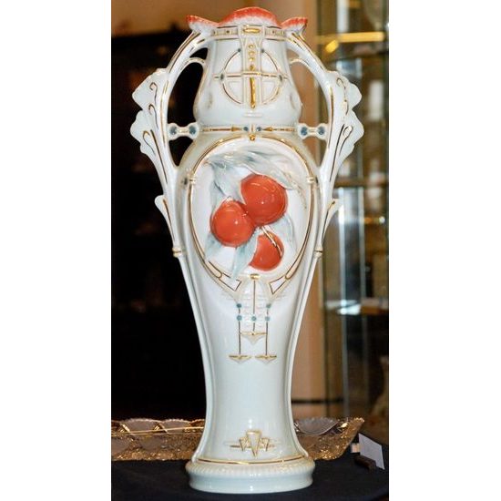 Váza s broskvemi, vysoká 49 cm, Porcelánové vázy Duchcov