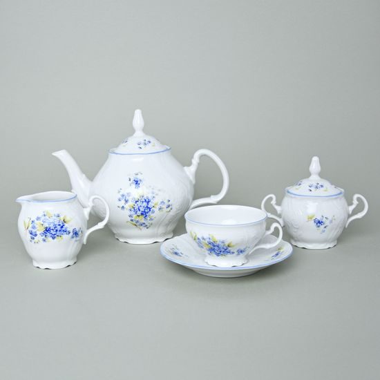 Čajová souprava pro 6 osob, Thun 1794, karlovarský porcelán, BERNADOTTE pomněnka