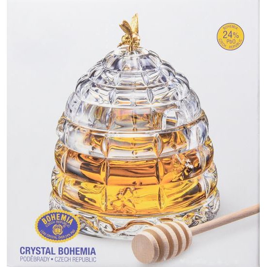 Dóza na med s dřevěnou lžičkou a včelkou, 24% PBo křišťál, Crystal Bohemia a.s., Poděbrady