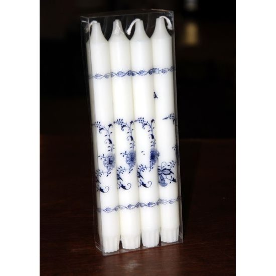 4 voskové svíčky 24 cm s cibulákovým dekorem, Cibulák, originální z Dubí