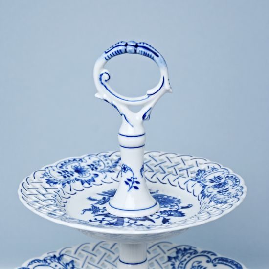 Etažér 3-dílný - talíře prolamované / porcelánová tyčka 18 + 24 + 27 cm, Cibulák, originální z Dubí