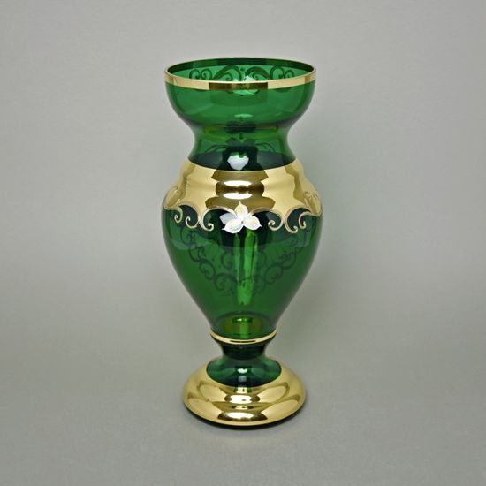 Váza 35 cm skleněná ZELENÁ, zlato + smalt, novoborské sklo