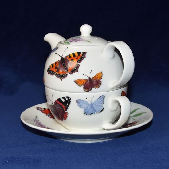 Zahrada motýlů: Čajová sada 3díl. Tea for one set, anglický kostní porcelán Roy Kirkham