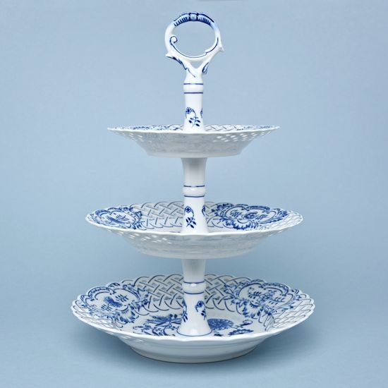 Etažér 3-dílný - talíře prolamované / porcelánová tyčka 18 + 24 + 27 cm, Cibulák, originální z Dubí