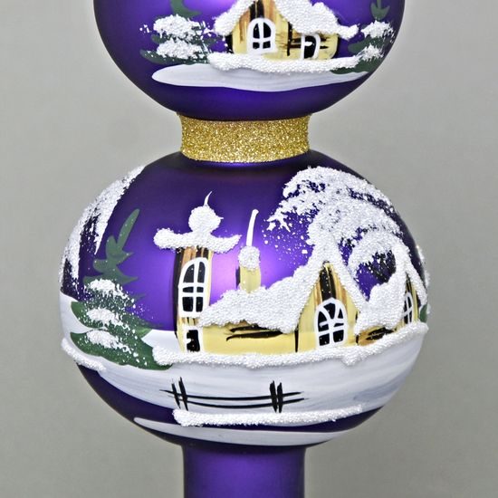 Vánoční skleněná špička na stromeček 33 cm, fialová + malovaná zima, Česká ruční práce