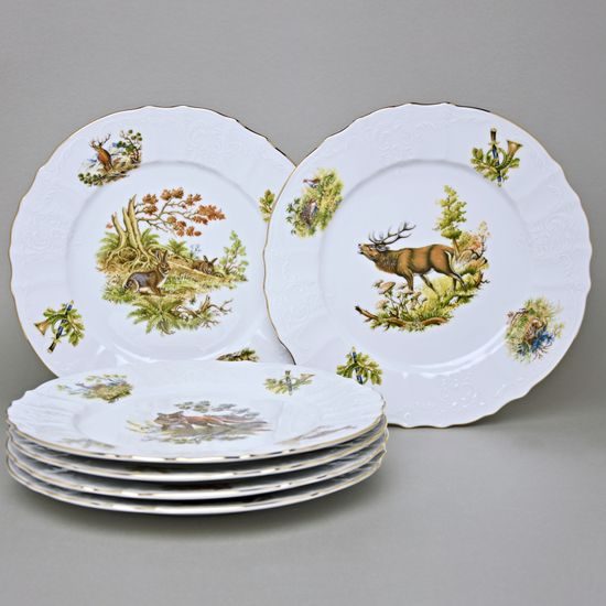 Sada 6 talířů mělkých 27 cm, Thun 1794, karlovarský porcelán, BERNADOTTE myslivecká