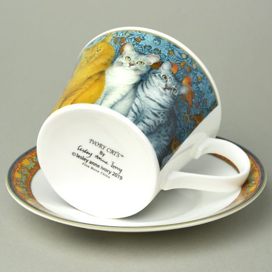 Kočky Lesley Anne Ivory: Šálek 420 ml a podšálek 170 mm snídaňový Lucy, Anglický kostní porcelán, Roy Kirkham