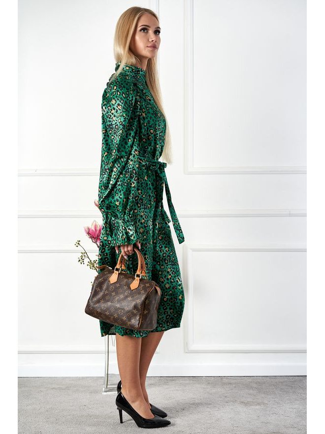 Saténové midi šaty s nařasenými rukávy, zelené tygrované