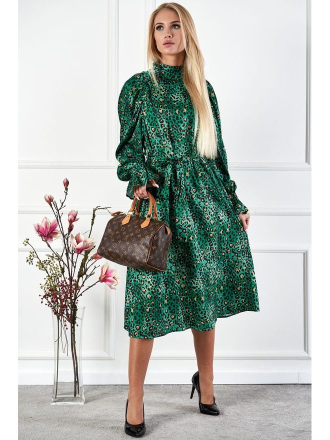 Saténové midi šaty s nařasenými rukávy, zelené tygrované