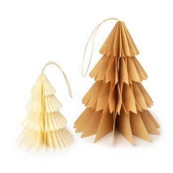 Papierové dekorácie v tvare vianočného stromčeka v hnedej a žltej farbe 2ks