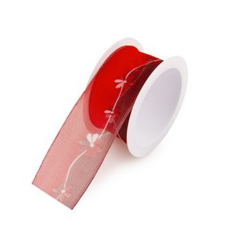Organza gift ribbon red with flowers 40mm/2m