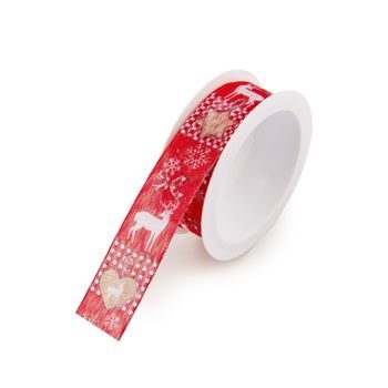 Taffeta gift ribbon red with reindeer 25mm/3m