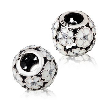 Sterling silver 925 large-hole bead Black and white flowers with zircons Ag 925