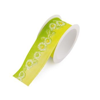 Satin gift ribbon green with daisies 40mm/2m