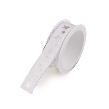 Taffeta gift ribbon white with silver stars 25mm/3m