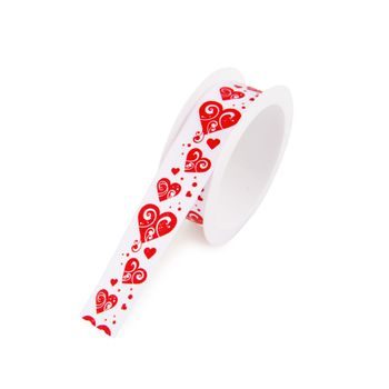 Satin gift ribbon white with little red hearts 25mm/3m
