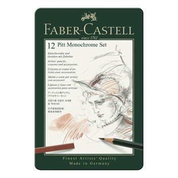 Faber-Castell sada grafitových tužek s příslušenstvím Pitt Monochrome v plechové krabičce 12ks