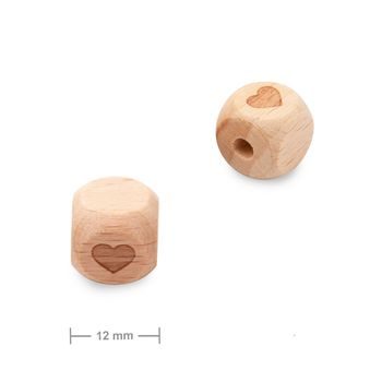 Wooden cube beads 12mm with a heart design