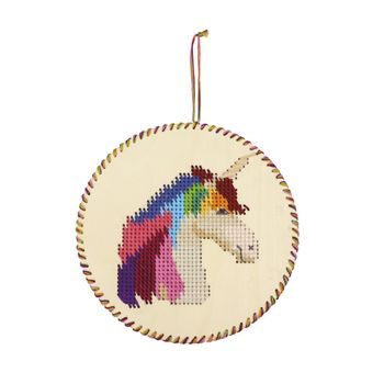 Kit for wooden embroidered decoration with a unicorn motif