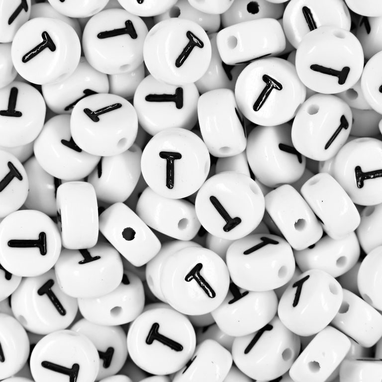 White plastic bead 7x4 mm with letter T
