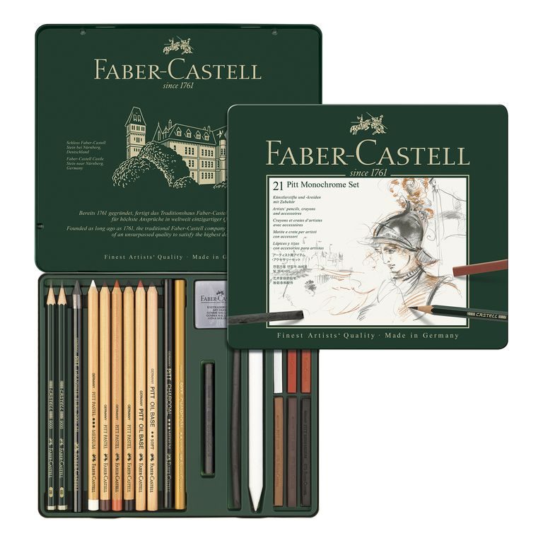Faber-Castell sada na kreslení Pitt Monochrome v plechové krabičce 21ks detail balení